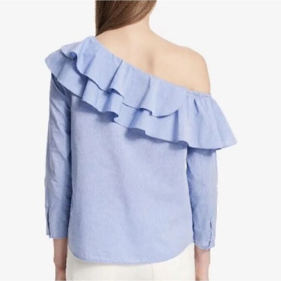 Calvin Klein Blue One Shoulder Ruffle Blouse - Picture 2 of 8